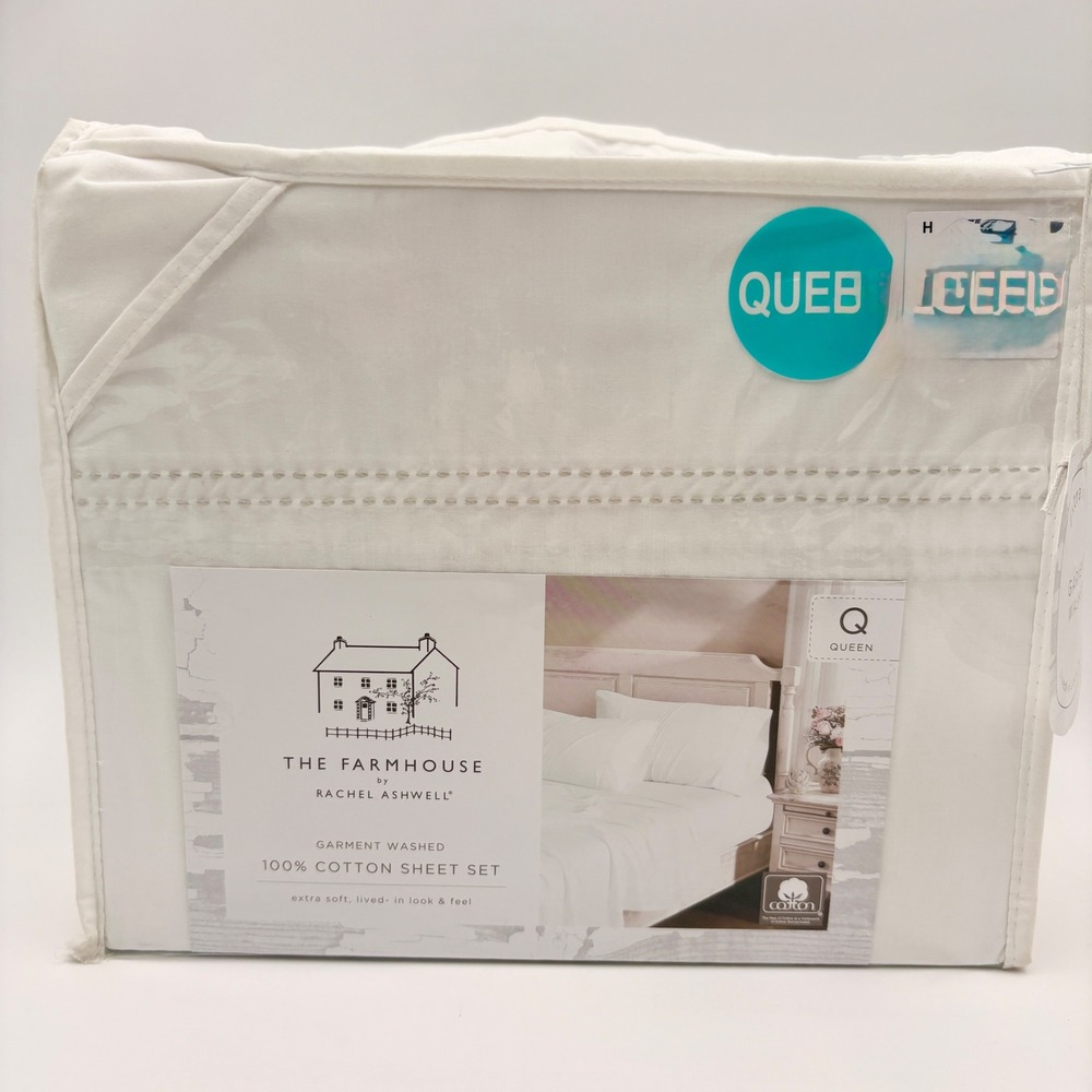 Rachel Ashwell The Farmhouse White 100% Cotton Queen Sheet Set Garment Washed